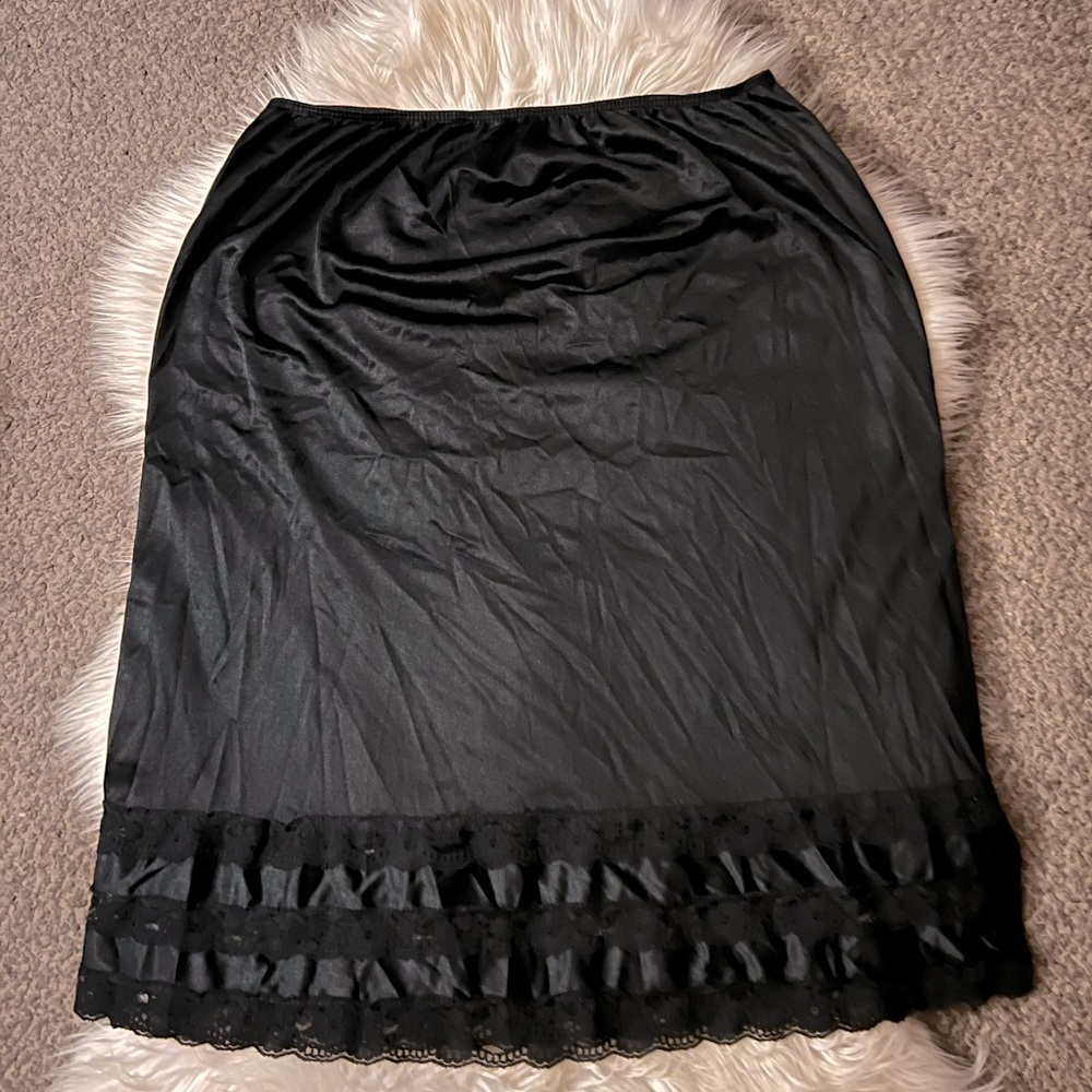 Black Silk Lace Slip Midi Skirt Rare Chemise Lingerie
